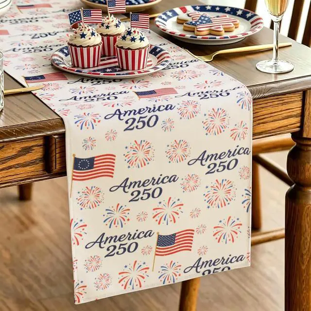 Alt view image 3 of 7 - 250 Anniversary USA Flag Table Runner: 72 x 13 in Patriotic American Flag Fireworks Tablecloth Runner Decor for Memorial Day, 4th of July, Independence Day, Indoor Outdoor Summer Party Supplies