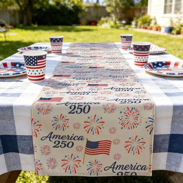 Alt view image 4 of 7 - 250 Anniversary USA Flag Table Runner: 72 x 13 in Patriotic American Flag Fireworks Tablecloth Runner Decor for Memorial Day, 4th of July, Independence Day, Indoor Outdoor Summer Party Supplies