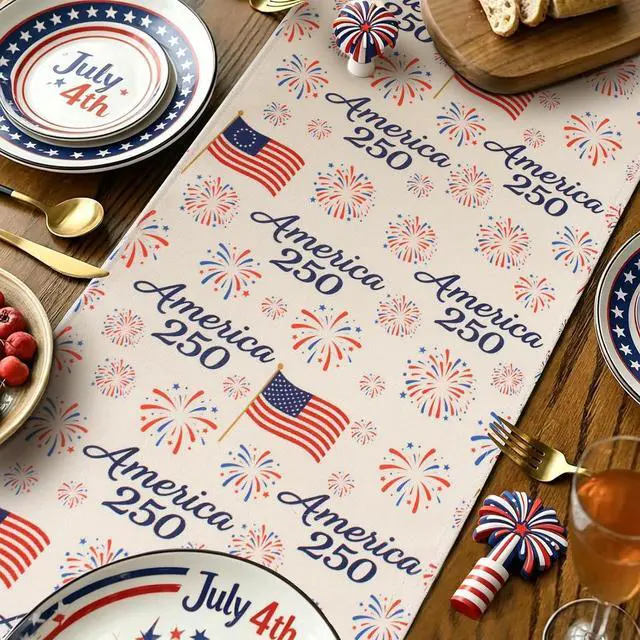 Alt view image 7 of 7 - 250 Anniversary USA Flag Table Runner: 72 x 13 in Patriotic American Flag Fireworks Tablecloth Runner Decor for Memorial Day, 4th of July, Independence Day, Indoor Outdoor Summer Party Supplies
