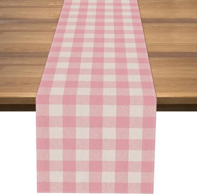 Main image of Nepnuser Linen Easter Pink and White Buffalo Check Plaid Table Runner Gingham Pink Farm Birthday Party Decorations Home Kichen Dining Room Decor 72 Inches Long