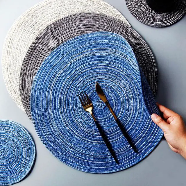 Alt view image 4 of 7 - 12Round Braided Placemats Set of 4,Washable Heat Resistant Cotton Polyester Circle Place Mats for Kitchen Dinner Party Table Decoration,Suitable for Plates Under 10 inches (Blue 12 inch Medium Size)