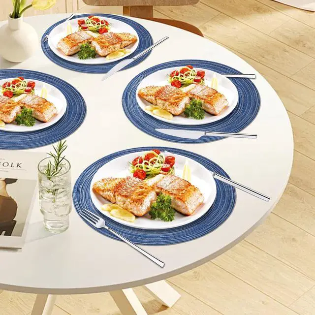 Alt view image 5 of 7 - 12Round Braided Placemats Set of 4,Washable Heat Resistant Cotton Polyester Circle Place Mats for Kitchen Dinner Party Table Decoration,Suitable for Plates Under 10 inches (Blue 12 inch Medium Size)