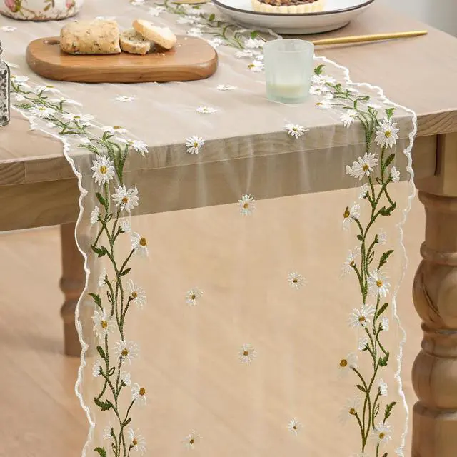 Main image of Artoid Mode Daisy Floral Beige Apricot Shaped Gauze Embroidery Table Runner 120 Inch 10FT, Tulle Spring Summer Kitchen Dining Table Decor for Home Party