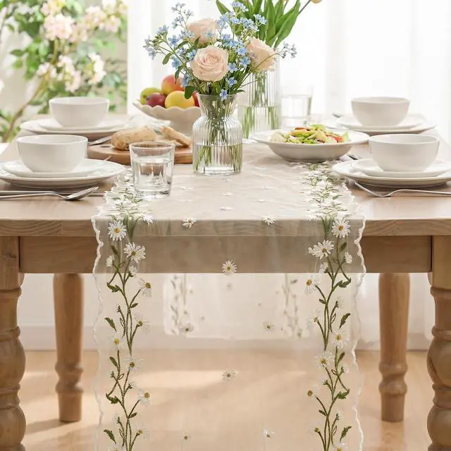 Alt view image 2 of 7 - Artoid Mode Daisy Floral Beige Apricot Shaped Gauze Embroidery Table Runner 120 Inch 10FT, Tulle Spring Summer Kitchen Dining Table Decor for Home Party