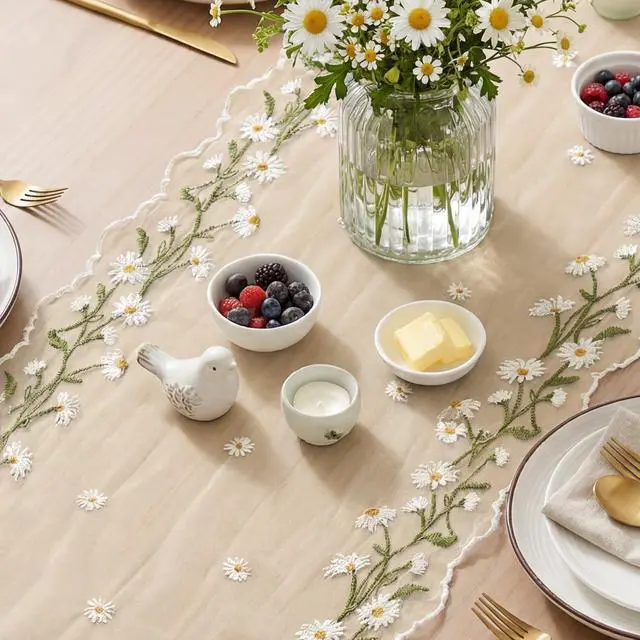 Alt view image 3 of 7 - Artoid Mode Daisy Floral Beige Apricot Shaped Gauze Embroidery Table Runner 120 Inch 10FT, Tulle Spring Summer Kitchen Dining Table Decor for Home Party