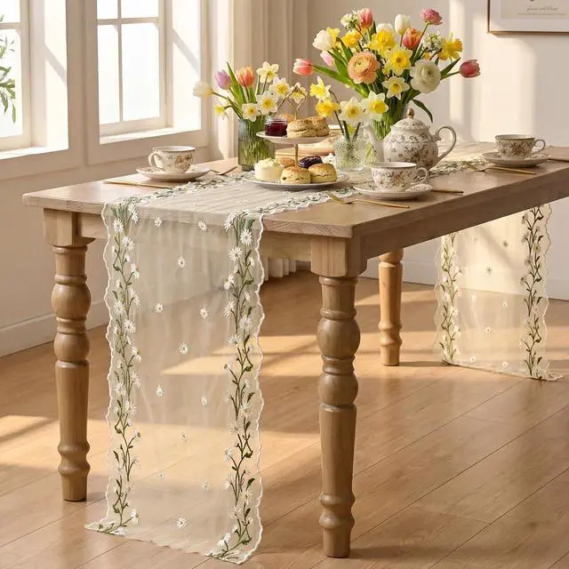 Alt view image 4 of 7 - Artoid Mode Daisy Floral Beige Apricot Shaped Gauze Embroidery Table Runner 120 Inch 10FT, Tulle Spring Summer Kitchen Dining Table Decor for Home Party