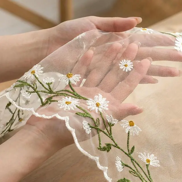 Alt view image 5 of 7 - Artoid Mode Daisy Floral Beige Apricot Shaped Gauze Embroidery Table Runner 120 Inch 10FT, Tulle Spring Summer Kitchen Dining Table Decor for Home Party