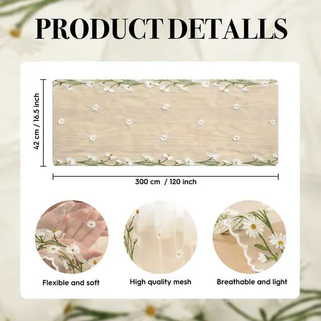 Alt view image 6 of 7 - Artoid Mode Daisy Floral Beige Apricot Shaped Gauze Embroidery Table Runner 120 Inch 10FT, Tulle Spring Summer Kitchen Dining Table Decor for Home Party