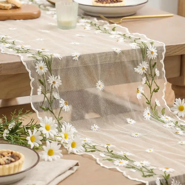 Alt view image 7 of 7 - Artoid Mode Daisy Floral Beige Apricot Shaped Gauze Embroidery Table Runner 120 Inch 10FT, Tulle Spring Summer Kitchen Dining Table Decor for Home Party