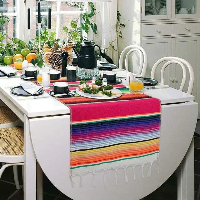 Alt view image 3 of 6 - Mexican Table Runner 14 x 84 Inch Mexican Serape Table Runner for Mexican Party Wedding Decorations, Fringe Cotton Table Runner
