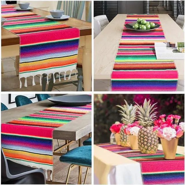 Alt view image 4 of 6 - Mexican Table Runner 14 x 84 Inch Mexican Serape Table Runner for Mexican Party Wedding Decorations, Fringe Cotton Table Runner