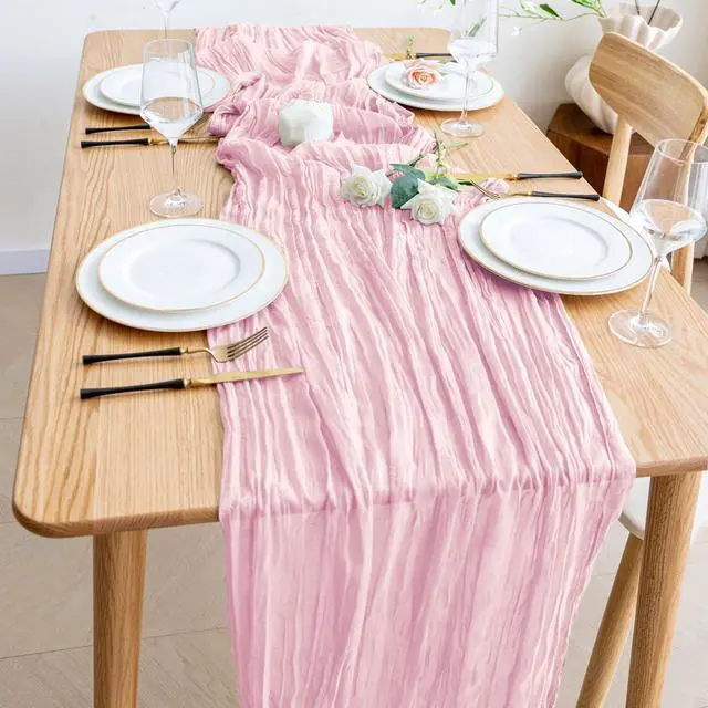 Alt view image 6 of 7 - Wokceer Cheesecloth Table Runner Pink 10FT Boho Gauze Runner for Party | 120 Inch Cheese Cloth Table Runner Blushing Pink Rustic Sheer Runners for Wedding Birthday Baby Shower Christmas Table Decor