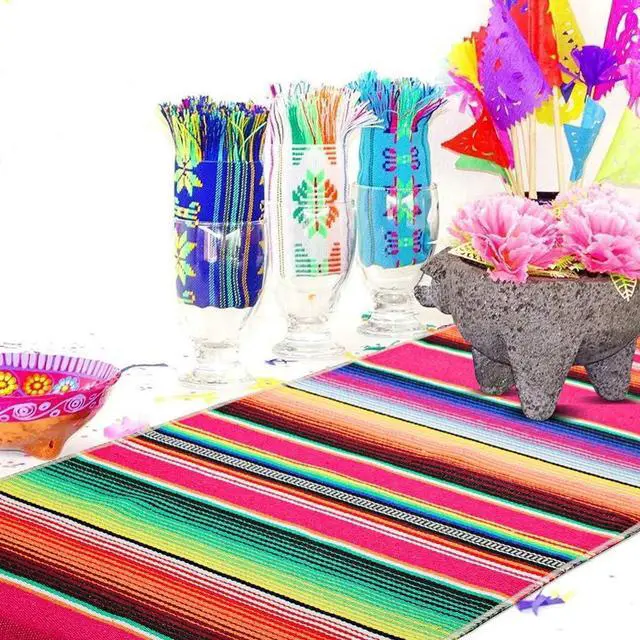 Alt view image 5 of 6 - Mexican Table Runner 14 x 84 Inch Mexican Serape Table Runner for Mexican Party Wedding Decorations, Fringe Cotton Table Runner