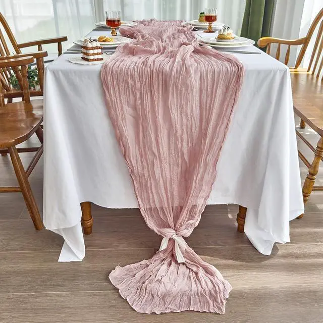 Alt view image 3 of 7 - IVAPUPU Dusty Pink Table Runner 120 Inches for Birthday Party Home Decor | 2 Pcs Boho Gauze 10FT Cheesecloth Table Runners for Wedding Baby Shower Decorations Summer Garden Farmhouse