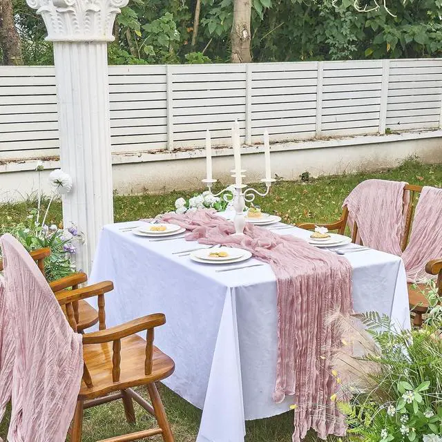 Alt view image 7 of 7 - IVAPUPU Dusty Pink Table Runner 120 Inches for Birthday Party Home Decor | 2 Pcs Boho Gauze 10FT Cheesecloth Table Runners for Wedding Baby Shower Decorations Summer Garden Farmhouse