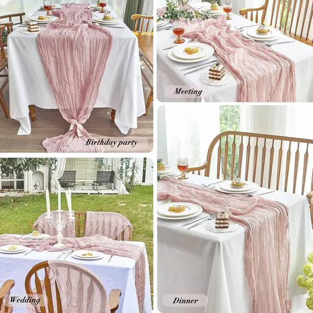 Alt view image 6 of 7 - IVAPUPU Dusty Pink Table Runner 120 Inches for Birthday Party Home Decor | 2 Pcs Boho Gauze 10FT Cheesecloth Table Runners for Wedding Baby Shower Decorations Summer Garden Farmhouse