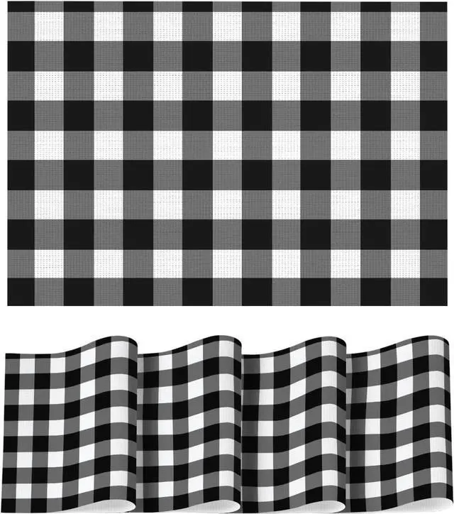Main image of Artoid Mode Buffalo Plaid Vinyl Placemats Set of 4, 12x18 Inch Washable Non-Slip Heat Resistant Plastic Place Mats for Party Dining Table, Black/White