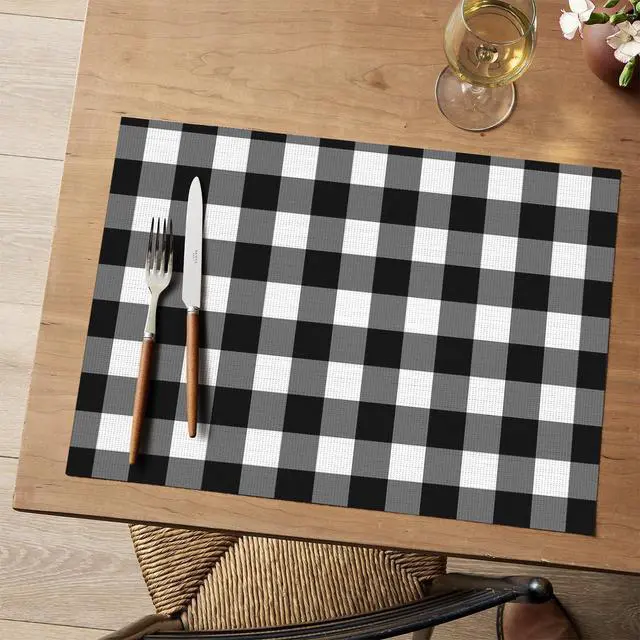 Alt view image 2 of 7 - Artoid Mode Buffalo Plaid Vinyl Placemats Set of 4, 12x18 Inch Washable Non-Slip Heat Resistant Plastic Place Mats for Party Dining Table, Black/White