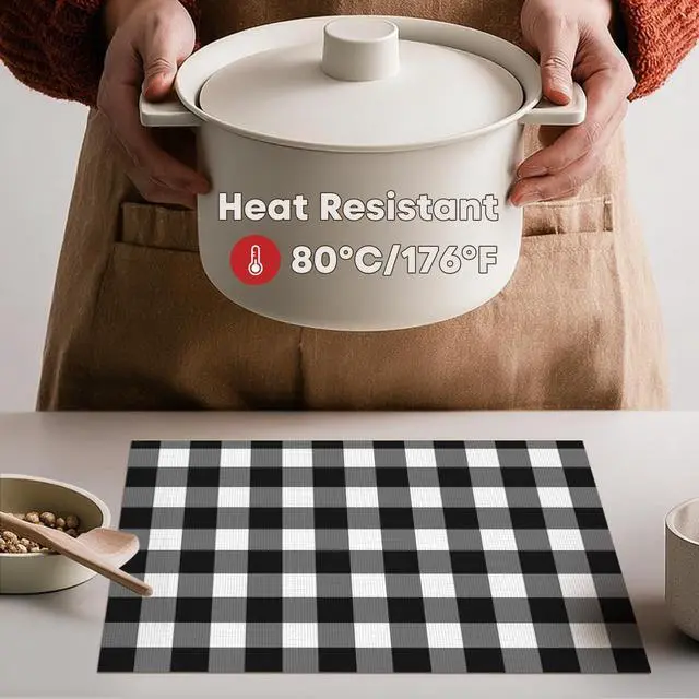 Alt view image 3 of 7 - Artoid Mode Buffalo Plaid Vinyl Placemats Set of 4, 12x18 Inch Washable Non-Slip Heat Resistant Plastic Place Mats for Party Dining Table, Black/White