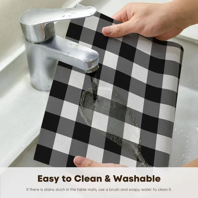 Alt view image 4 of 7 - Artoid Mode Buffalo Plaid Vinyl Placemats Set of 4, 12x18 Inch Washable Non-Slip Heat Resistant Plastic Place Mats for Party Dining Table, Black/White