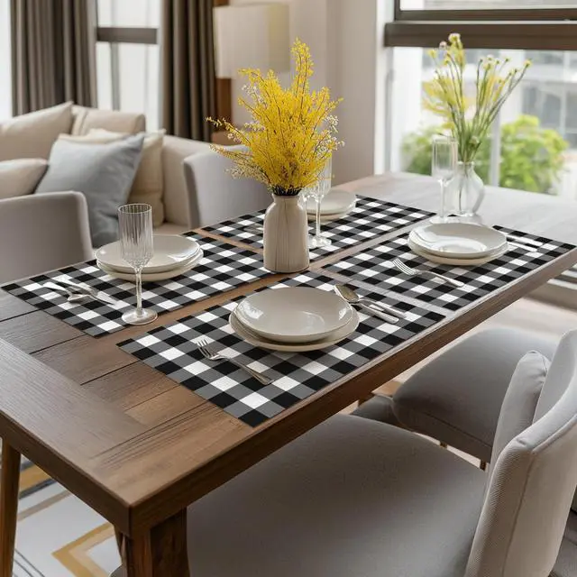 Alt view image 5 of 7 - Artoid Mode Buffalo Plaid Vinyl Placemats Set of 4, 12x18 Inch Washable Non-Slip Heat Resistant Plastic Place Mats for Party Dining Table, Black/White