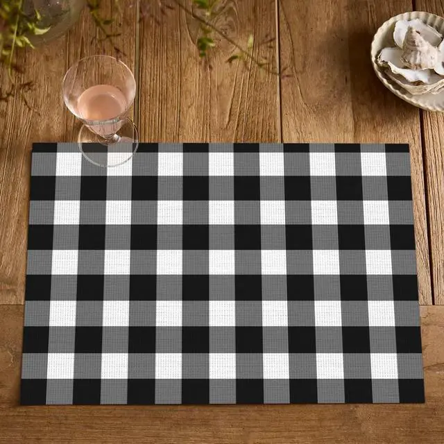 Alt view image 7 of 7 - Artoid Mode Buffalo Plaid Vinyl Placemats Set of 4, 12x18 Inch Washable Non-Slip Heat Resistant Plastic Place Mats for Party Dining Table, Black/White