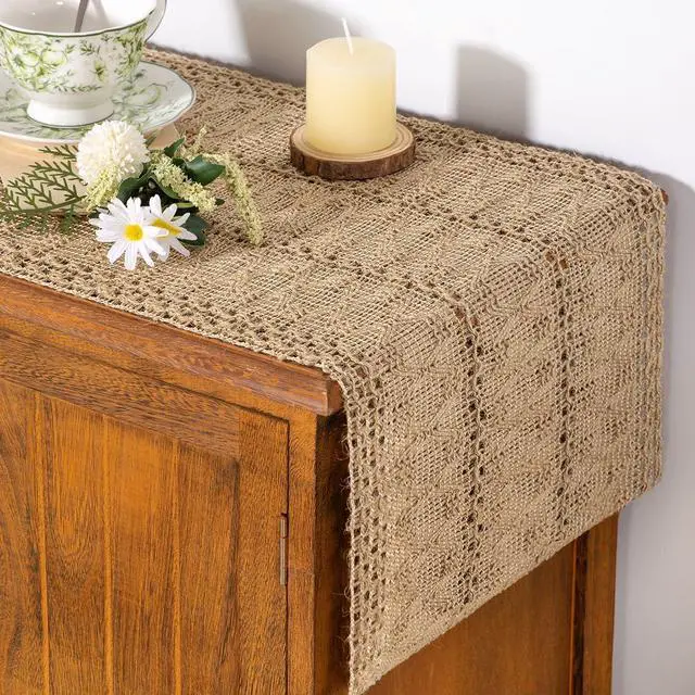 Main image of Boho Table Runner Fall Farmhouse Burlap Dining Dresser Scarf Home Decor | Kitchen Centerpiece Small Macrame Woven Cotton Linen Coffee Table Runner Holiday Party Decorations 12x36in