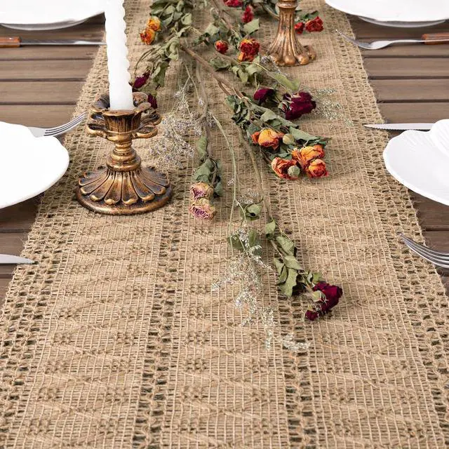 Alt view image 2 of 6 - Boho Table Runner Fall Farmhouse Burlap Dining Dresser Scarf Home Decor | Kitchen Centerpiece Small Macrame Woven Cotton Linen Coffee Table Runner Holiday Party Decorations 12x36in