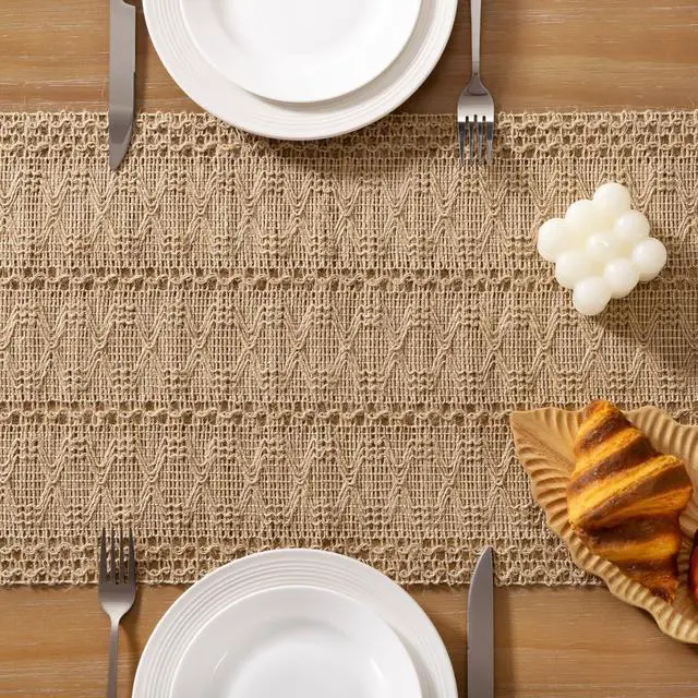 Alt view image 5 of 6 - Boho Table Runner Fall Farmhouse Burlap Dining Dresser Scarf Home Decor | Kitchen Centerpiece Small Macrame Woven Cotton Linen Coffee Table Runner Holiday Party Decorations 12x36in