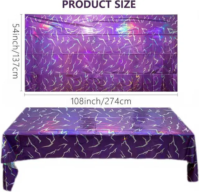 Alt view image 2 of 7 - K-Style Birthday Decorations Iridescent Holographic Laser Tablecloth 2 Pack Purple Lightning Pattern Disposable Waterproof Plastic Table Covers for Girls Disco Bachelorette Party Supplies, 54x108 Inch