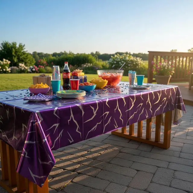 Alt view image 3 of 7 - K-Style Birthday Decorations Iridescent Holographic Laser Tablecloth 2 Pack Purple Lightning Pattern Disposable Waterproof Plastic Table Covers for Girls Disco Bachelorette Party Supplies, 54x108 Inch