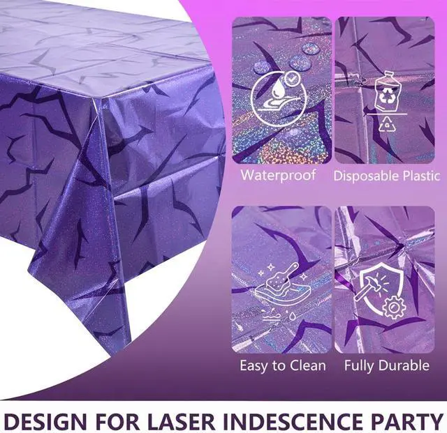 Alt view image 4 of 7 - K-Style Birthday Decorations Iridescent Holographic Laser Tablecloth 2 Pack Purple Lightning Pattern Disposable Waterproof Plastic Table Covers for Girls Disco Bachelorette Party Supplies, 54x108 Inch