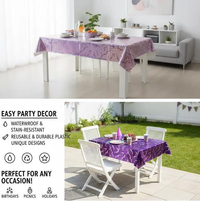 Alt view image 7 of 7 - K-Style Birthday Decorations Iridescent Holographic Laser Tablecloth 2 Pack Purple Lightning Pattern Disposable Waterproof Plastic Table Covers for Girls Disco Bachelorette Party Supplies, 54x108 Inch