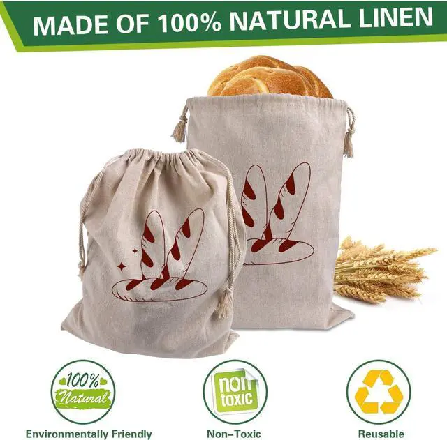 Alt view image 4 of 7 - Augshy 4 Packs Linen Bread Bags for Homemade Bread | Natural Unbleached Linen Fabric, Reusable Storage Bags for Homemade Bread And Artisan, Home Baking Supplies