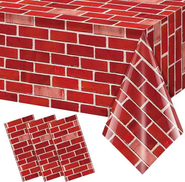 Main image of 3 Pack 108x54 inch Red Brick Tablecloth,Brick Wrapping Wallpaper Backdrop Disposable Plastic Rectangular Table Covers Background for School Home Birthday Holiday Halloween Christmas Decorations