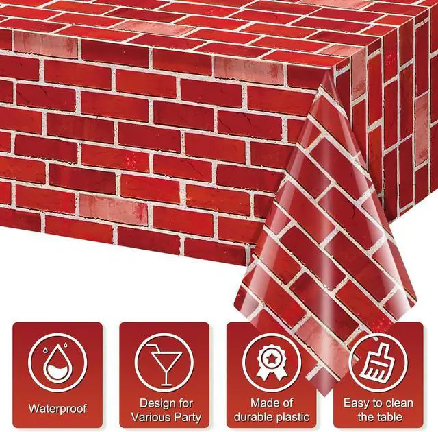 Alt view image 3 of 7 - 3 Pack 108x54 inch Red Brick Tablecloth,Brick Wrapping Wallpaper Backdrop Disposable Plastic Rectangular Table Covers Background for School Home Birthday Holiday Halloween Christmas Decorations