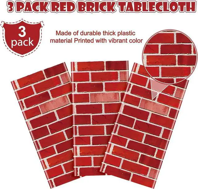 Alt view image 4 of 7 - 3 Pack 108x54 inch Red Brick Tablecloth,Brick Wrapping Wallpaper Backdrop Disposable Plastic Rectangular Table Covers Background for School Home Birthday Holiday Halloween Christmas Decorations