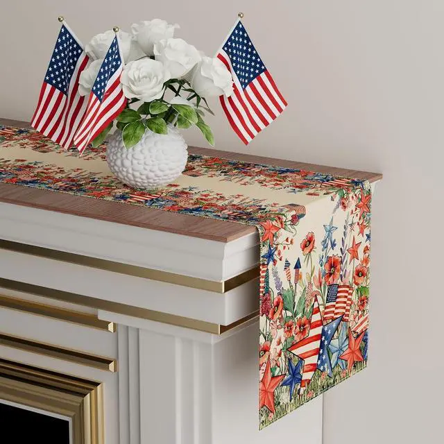 Alt view image 3 of 6 - XCHI Watercolor Flowers America Stars Fireworks Memorial Day Table Runner 4th of July Patriotic Independence Day Table Decoration for Party Home Kitchen Dining Holiday Decor 13x72 Inch