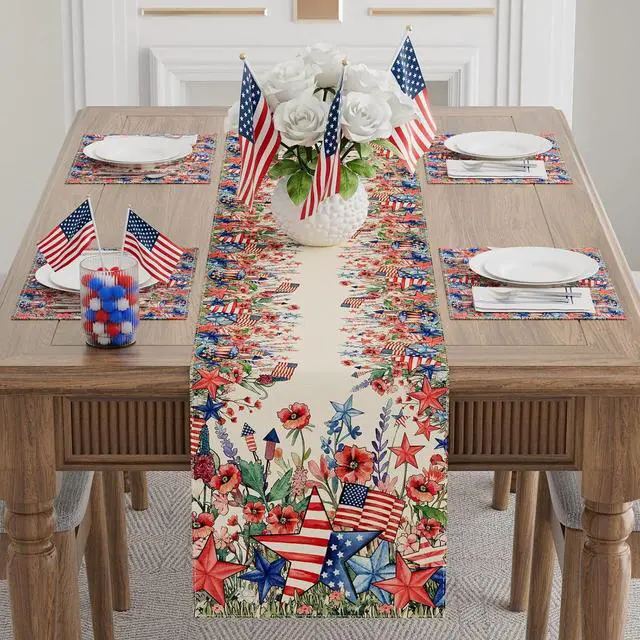 Alt view image 2 of 6 - XCHI Watercolor Flowers America Stars Fireworks Memorial Day Table Runner 4th of July Patriotic Independence Day Table Decoration for Party Home Kitchen Dining Holiday Decor 13x72 Inch