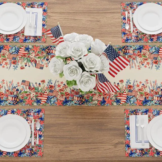 Alt view image 4 of 6 - XCHI Watercolor Flowers America Stars Fireworks Memorial Day Table Runner 4th of July Patriotic Independence Day Table Decoration for Party Home Kitchen Dining Holiday Decor 13x72 Inch