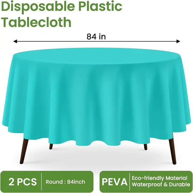 Alt view image 2 of 7 - 84 Inch Teal Round Plastic Tablecloth Disposable, 2 Pack | Waterproof Round Table Cover, for Birthday Party, Easter Decor, Baby Shower, and Outdoor Picnic
