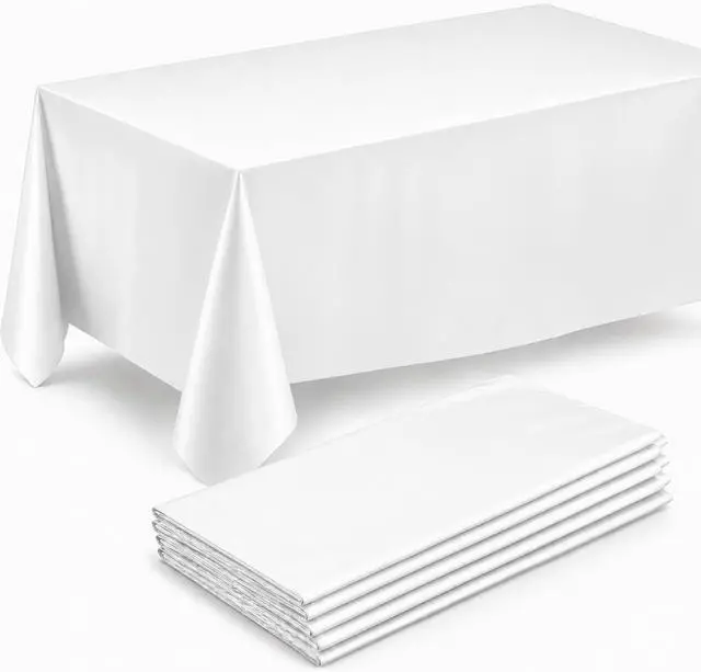 Main image of Prestee 4 Pack Plastic Table Cloth Disposable - 108" x 54" White Table Cloth Rectangle Table Cover - Heavy-Duty Waterproof Disposable Tablecloths for Weddings, Parties, BBQs, and Outdoor Dining Events