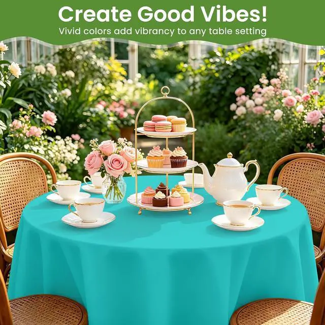 Alt view image 3 of 7 - 84 Inch Teal Round Plastic Tablecloth Disposable, 2 Pack | Waterproof Round Table Cover, for Birthday Party, Easter Decor, Baby Shower, and Outdoor Picnic