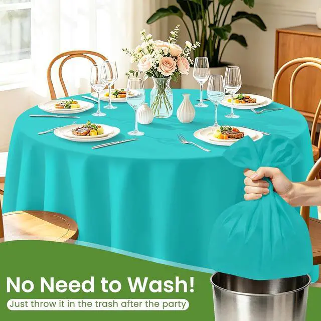 Alt view image 6 of 7 - 84 Inch Teal Round Plastic Tablecloth Disposable, 2 Pack | Waterproof Round Table Cover, for Birthday Party, Easter Decor, Baby Shower, and Outdoor Picnic