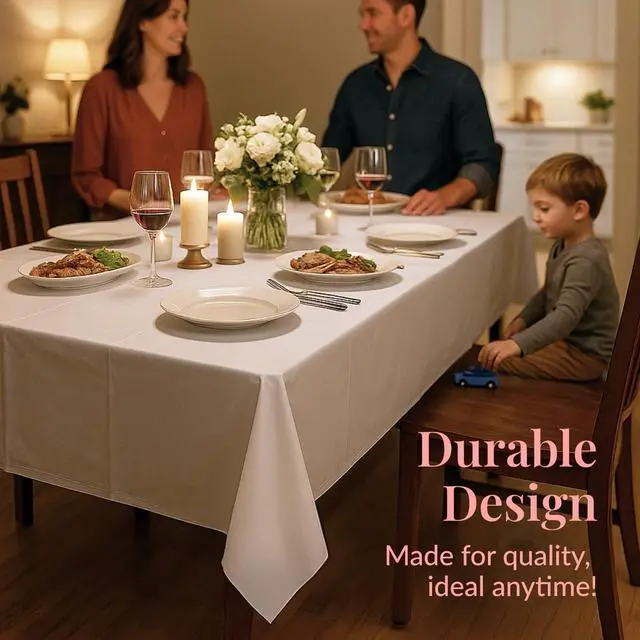 Alt view image 4 of 7 - Prestee 4 Pack Plastic Table Cloth Disposable - 108" x 54" White Table Cloth Rectangle Table Cover - Heavy-Duty Waterproof Disposable Tablecloths for Weddings, Parties, BBQs, and Outdoor Dining Events