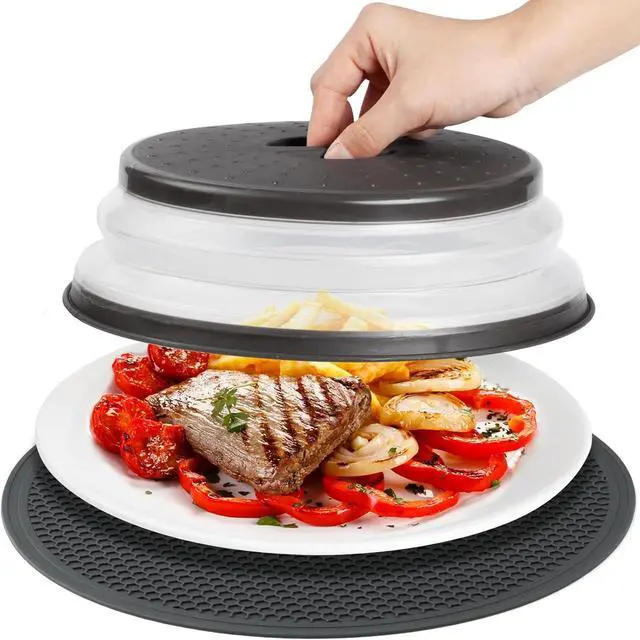 Main image of Microwave Splatter Cover & Silicone Mat, 10inch | Black, Collapsible, Vented, Reusable Food Guard & Plate Cover, Heat-Resistant Trivet for Pots, Pans, & Kitchen Counter