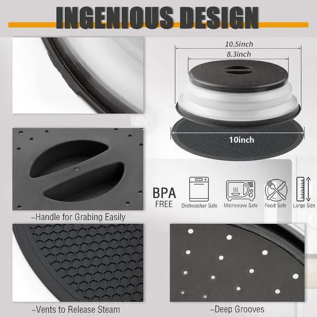 Alt view image 2 of 7 - Microwave Splatter Cover & Silicone Mat, 10inch | Black, Collapsible, Vented, Reusable Food Guard & Plate Cover, Heat-Resistant Trivet for Pots, Pans, & Kitchen Counter