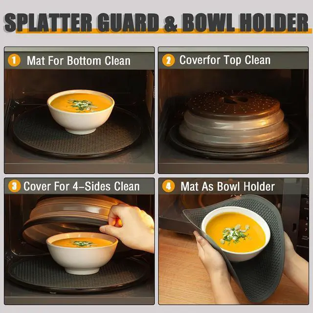 Alt view image 3 of 7 - Microwave Splatter Cover & Silicone Mat, 10inch | Black, Collapsible, Vented, Reusable Food Guard & Plate Cover, Heat-Resistant Trivet for Pots, Pans, & Kitchen Counter