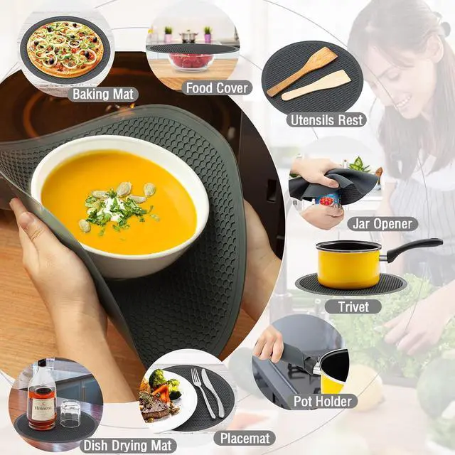 Alt view image 4 of 7 - Microwave Splatter Cover & Silicone Mat, 10inch | Black, Collapsible, Vented, Reusable Food Guard & Plate Cover, Heat-Resistant Trivet for Pots, Pans, & Kitchen Counter