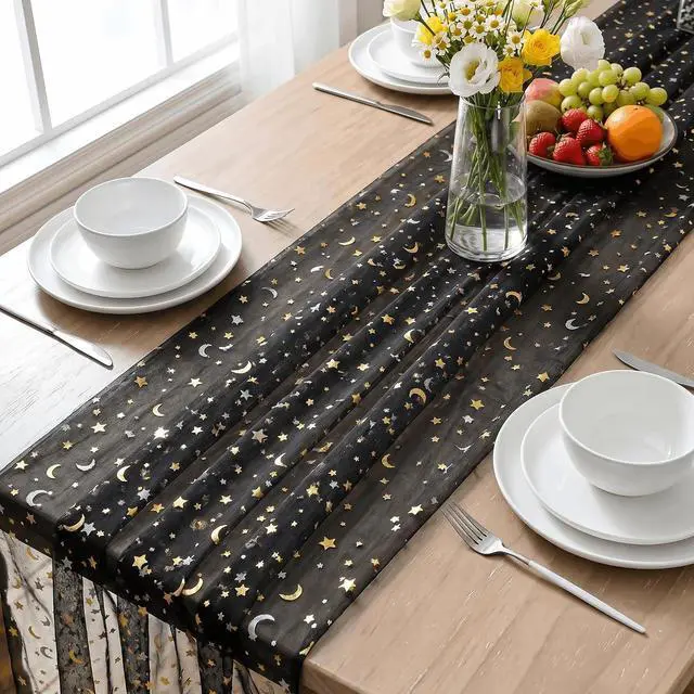 Alt view image 4 of 7 - Artoid Mode Black Gauze Stars Moon Table Runner 10FT, Glitter Metallic Foil Sheer Dining Wedding Anniversary Holiday Birthday Table Decor for Home Party